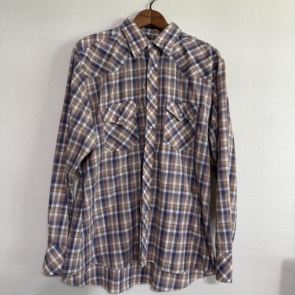 Wrangler Western Shirt Men's XL Brown Plaid Long Sleeve Pearl Snap Rodeo Vintage
